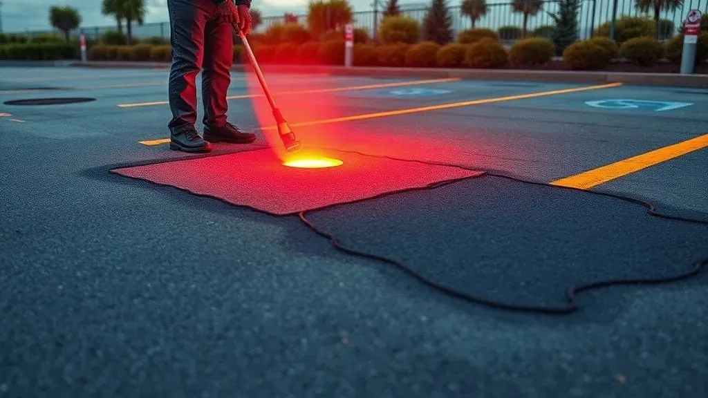 Crew member using a heating tool on an asphalt patch repair, illustrating driveway repair versus replacement in Spokane, WA