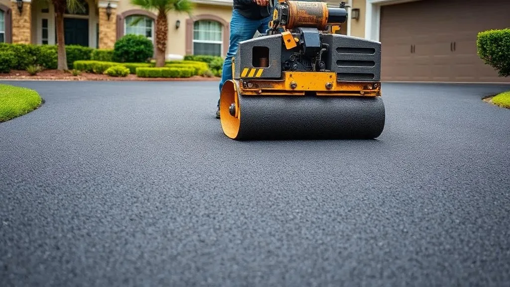 Walk-behind roller compacting fresh asphalt on a driveway, illustrating Spokane asphalt paving guides and tips