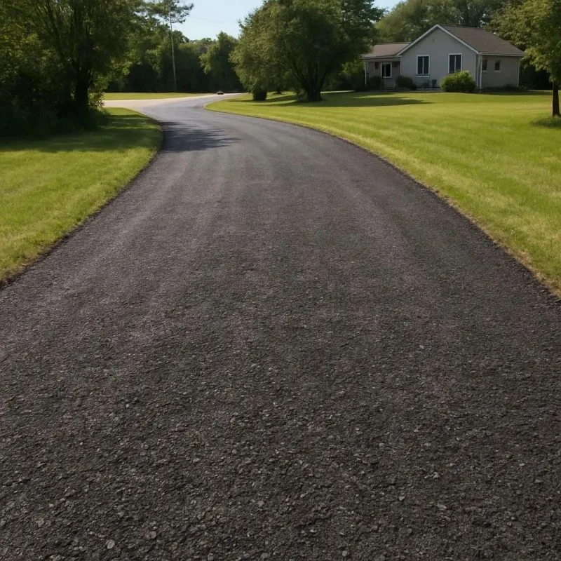 Newly paved asphalt driveway curving toward a country home, illustrating asphalt paving cost in Spokane, WA