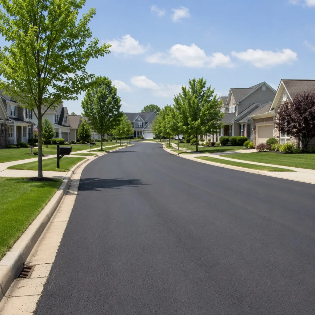 Smooth newly paved neighborhood street with curb and gutter, illustrating road maintenance and pothole reporting in Spokane, WA